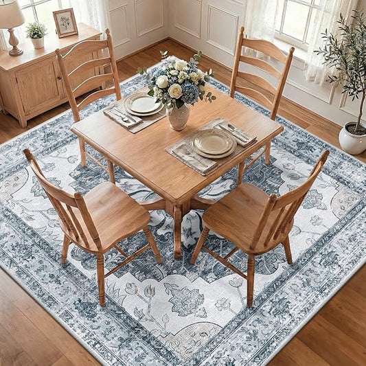 RELEANY Area Rugs Square 8ft Washable Non-Slip, Floral Vintage Distress Print Pattern Medallion Carpet for Living Room Bedroom Dining Room, Light Gray Grey White