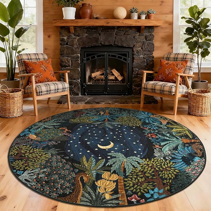GarveeHome Round Area Rugs 8ft for Living Room, Large Green Jungle Washable Circle Rug Soft Non Slip Forest Animal Print Floor Mat Tiger Carpet Indoor Thin Rug for Bedroom Dining Room Playroom Nursery