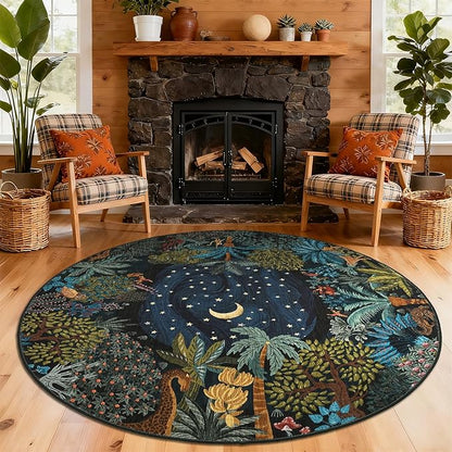 GarveeHome Round Area Rugs 8ft for Living Room, Large Green Jungle Washable Circle Rug Soft Non Slip Forest Animal Print Floor Mat Tiger Carpet Indoor Thin Rug for Bedroom Dining Room Playroom Nursery