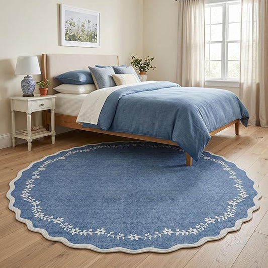 GarveeHome Round Area Rugs 5ft for Bedroom, Solid Navy Washable Circle Rug Soft Non Slip Floral Print Floor Mat Carpet Indoor Thin Rug for Kids Room Dining Room Playroom Nursery