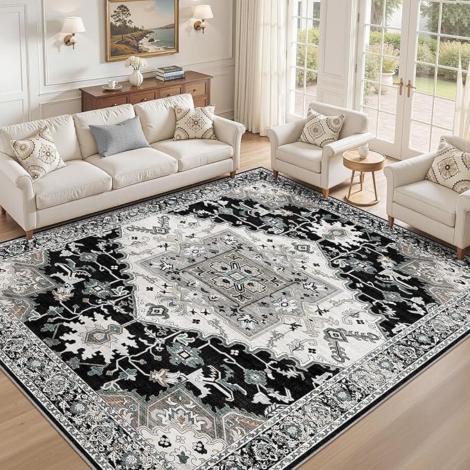 8x10 Washable Area Rugs for Living Room: Non Slip Vintage Black Rug, Large Soft Stain Resistant Indoor Floor Carpets for Bedroom Dining Room Nursery Home Office Kid & Pet Friendly