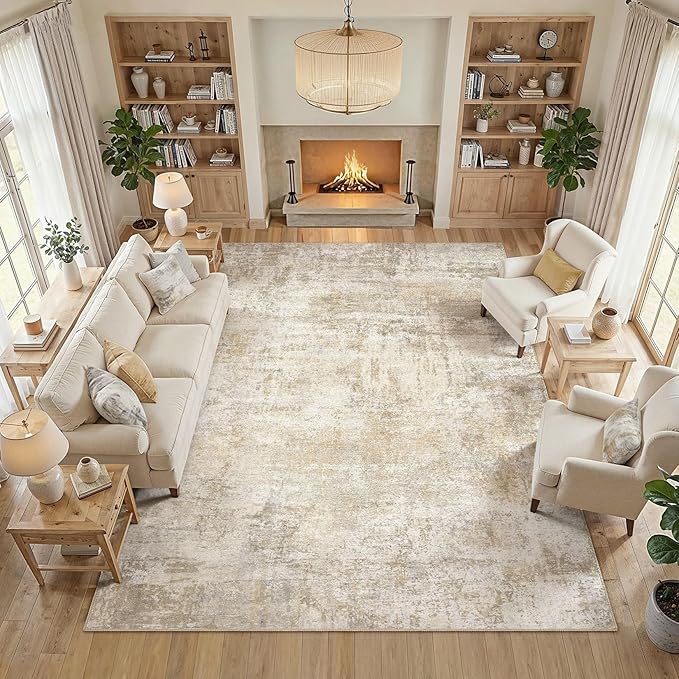 cotiled 10x14 Area Rugs for Living Room - Washable Neutral Abstract Carpet Non Slip Soft Rug for Bedroom & Dining Table, Robot Vacuum & Pet Friendly Floor Decor Beige