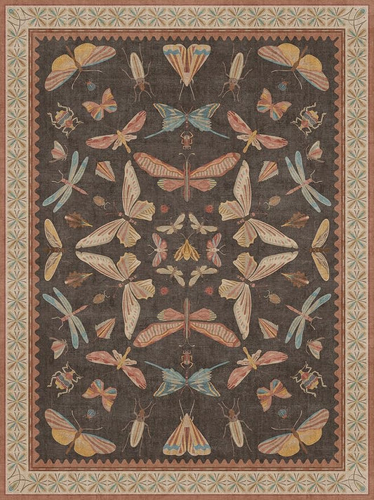 Brown 9x12 Living Room Area Rug, Washable Whimsical Insect Carpet for Bedroom & Dining Room, Farmhouse Low Pile Stain Resistant Rug