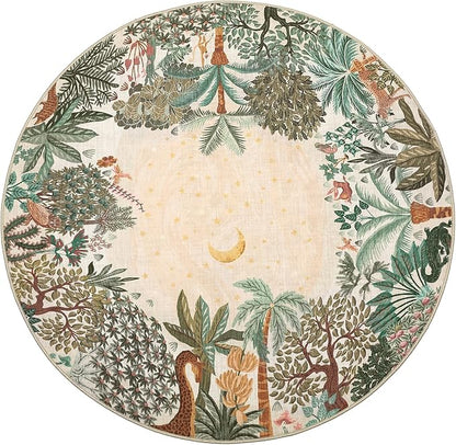 GarveeHome Round Area Rugs 5ft for Bedroom, Beige Jungle Washable Circle Rug Soft Non Slip Forest Animal Print Floor Mat Tiger Carpet Indoor Thin Rug for Kids Room Dining Room Playroom Nursery