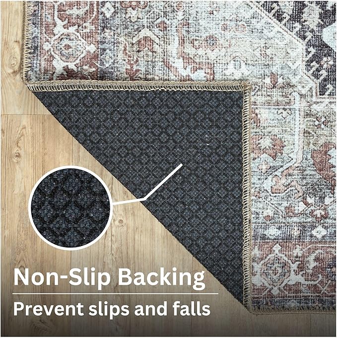 Bloom Rugs Washable Non-Slip 12 ft Runner - Charcoal/Brown Traditional Medallion Runner for Entryway, Hallway, Bathroom, and Kitchen - Exact Size: 2.5' x 12'