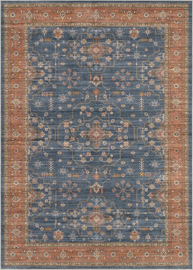 6x9 Area Rug for Living Room- Machine Washable Soft Oriental Vintage Large Indoor Floor Carpet for Bedroom Under Dining Table Home Office Decor - Blue Terracotta