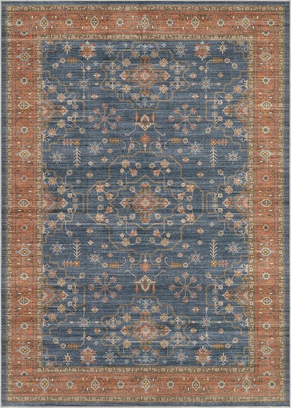 7x9 Area Rug for Living Room- Machine Washable Soft Oriental Vintage Large Indoor Floor Carpet for Bedroom Under Dining Table Home Office Decor - Blue Terracotta