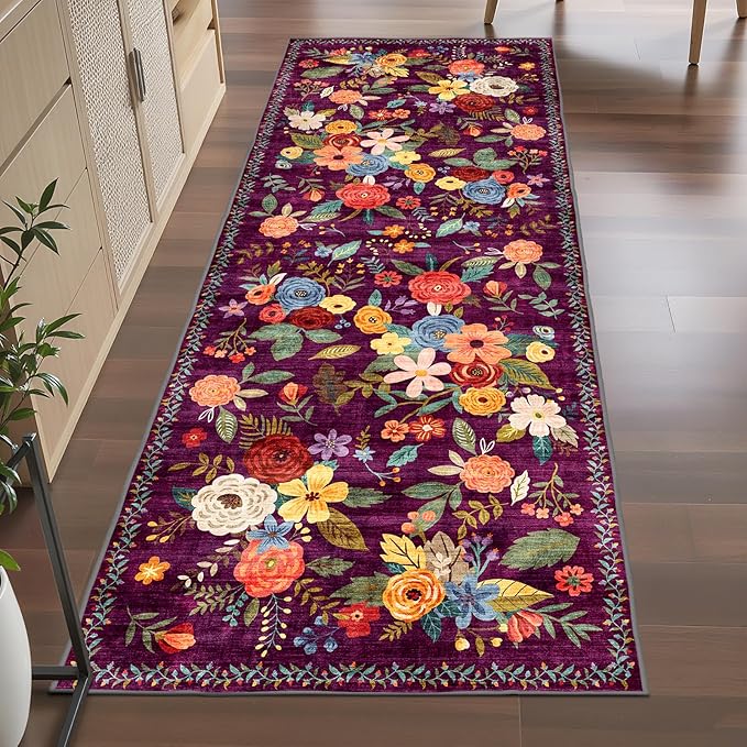 Rug for Hallways Kitchen Rug 3x7, Non Slip Washable Runner Rugs with Rubber Backing Soft Floral Carpet for Hallways, Kitchen, Laundry, Bedroom, Bathroom (3 x 7, Purple)