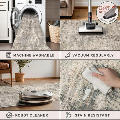 Washable 4x6 Rug for Small Living Room, Area Rug for Kitchen, Bedside, Large Entryway Indoor - Stain Resistant Non Slip with Rubber Backing, Unique Floral Aesthetic Décor, Taupe