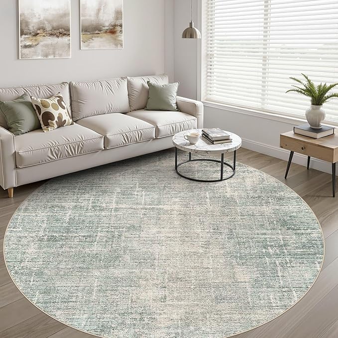 10ft Round Rug Living Room: 10x10 Washable Large Neutral Green Circle Area Rug Abstract Soft Modern Stain Resistant Indoor Floor Non-Slip Carpet for Bedroom Nursery Kids Office Playroom Dining Room