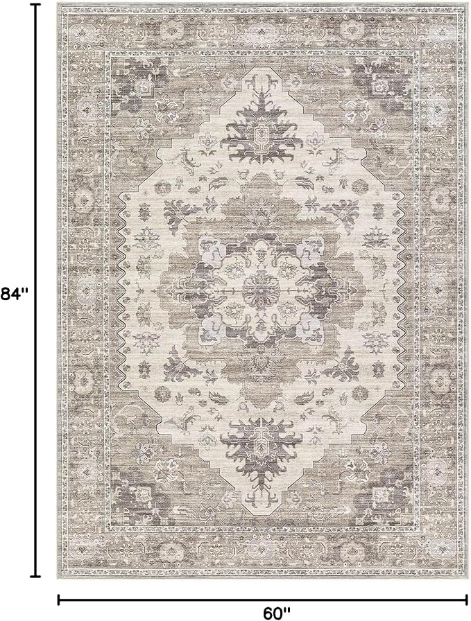 EIEIHOUSE Washable Area Rugs for Living Room - 5x7 Neutral Vintage Distressed Floral Farmhouse Boho Large Soft Floor Rug Indoor Non Slip Carpet for Living Room Bedroom Dining Room Office -Brown/Beige