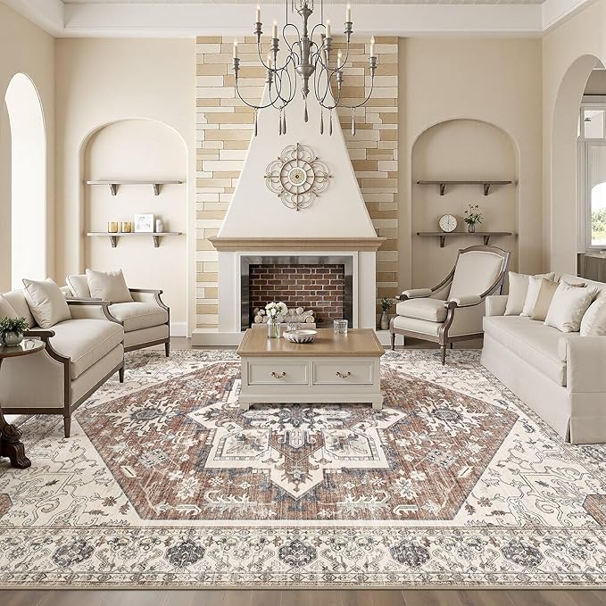 Area Rug 8x10 for Living Room - Washable Oriental Vintage Floral Distressed Large Indoor Carpets with Non Slip Back for Bedroom Dining Room Nursery Office Home Decor -Terracotta/Brown