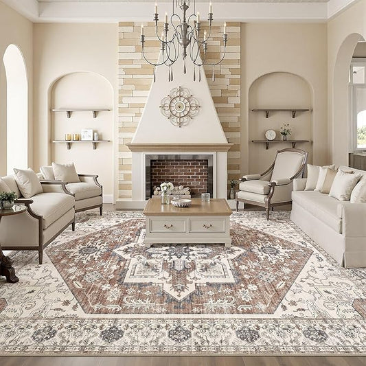 Area Rug 5x7 for Living Room - Washable Oriental Vintage Floral Distressed Large Indoor Carpets with Non Slip Back for Bedroom Dining Room Nursery Office Home Decor -Terracotta/Brown