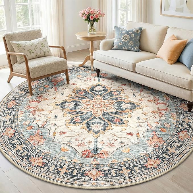 RELEANY Area Rugs Round 6ft Washable Non-Slip, Floral Vintage Distress Print Pattern Medallion Carpet for Living Room Bedroom Dining Room, Beige Navy Blue Orange Colorful