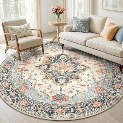 RELEANY Area Rugs Round 6ft Washable Non-Slip, Floral Vintage Distress Print Pattern Medallion Carpet for Living Room Bedroom Dining Room, Beige Navy Blue Orange Colorful