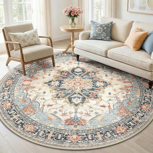 RELEANY Area Rugs Round 6ft Washable Non-Slip, Floral Vintage Distress Print Pattern Medallion Carpet for Living Room Bedroom Dining Room, Beige Navy Blue Orange Colorful