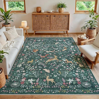 6x9 Area Rugs Washable Rug: Lagre Boho Living Room Rug Soft Non-Slip Thin Carpet Indoor Floor Non-Shedding Neutral Floral Carpets for Bedroom Dining Room Farmhouse Nursery Dark Green