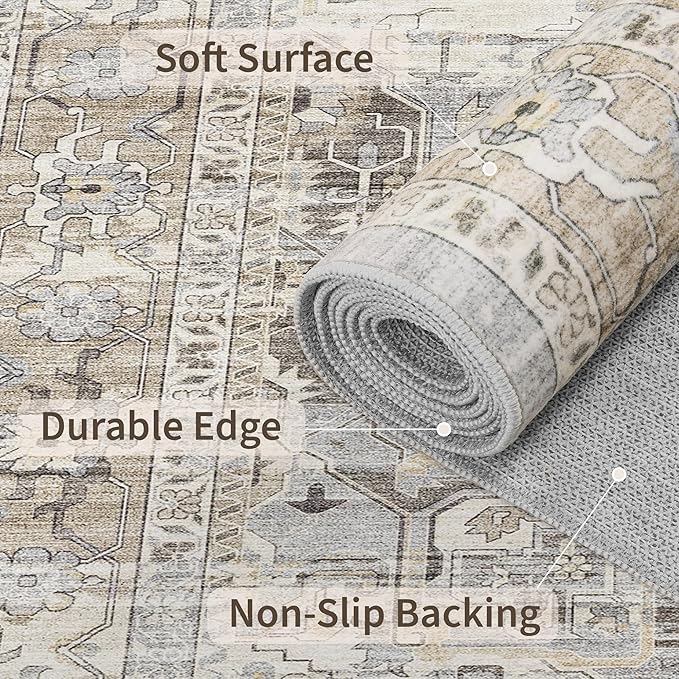 10x14 Living Room Rug - Large Washable Non Slip Vintage Rugs Low Pile Stain Resistant Distressed Carpet for Bedroom Dining Room Home Office 10'x14' Beige/Brown