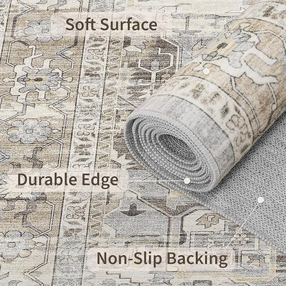 10x14 Living Room Rug - Large Washable Non Slip Vintage Rugs Low Pile Stain Resistant Distressed Carpet for Bedroom Dining Room Home Office 10'x14' Beige/Brown