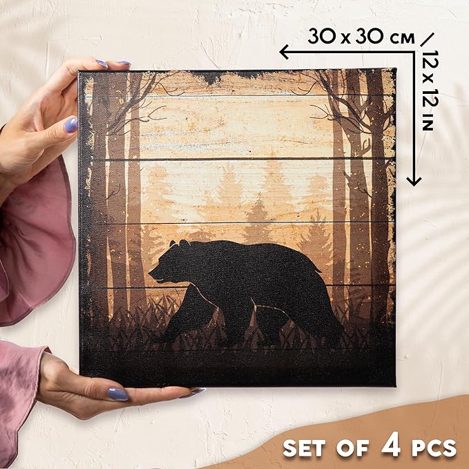 DIMARONGTON Wild Animal Canvas Wall Art Set of 4, 12x12 Inch Nature Canvas Art, Rustic Cabin Decor, Wildlife Prints Deer, Bear, Wolf Animal Wall Decor