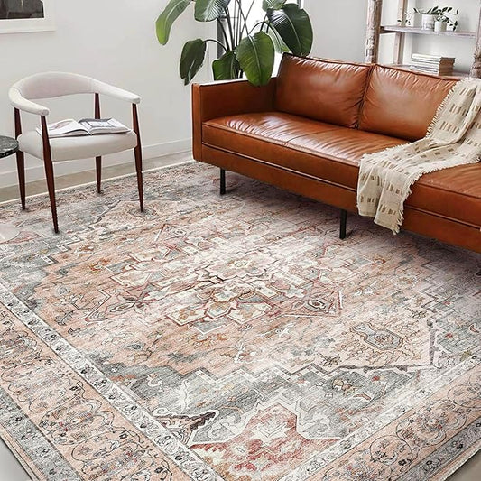 CHAMPLANT Washable Area Rug 9'x12' Light Cyan and Light red Retro Flowers Boho Design Non-Shedding Easy Care Ideal for High Traffic Areas in Living Room Bedroom Office Kitchen Large Carpet