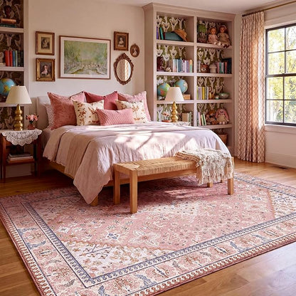 9x12 Area Rugs for Living Room, Machine Washable Low Pile Rug, Non Slip Backing Boho Rugs for Bedroom, Printed Soft Vintage Carpet Peach Pink 9 x 12