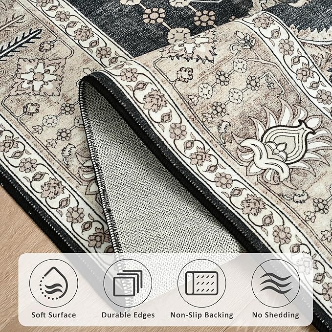 Maxsoft Large Area Rugs for Living Room Bedroom, 8x10 Black Gold Washable Rug with Rubber Backing, Non-Slip and Stain Resistant Soft Throw Indoor Carpet for Dining Room Office Kitchen Dorm Home Decor