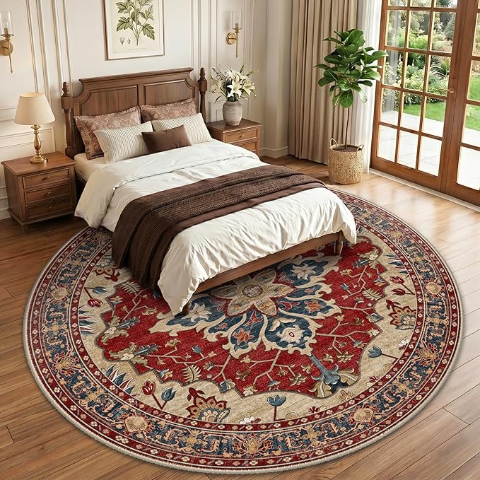 RELEANY Area Rugs Round 10ft Washable Non-Slip, Floral Vintage Distress Print Pattern Medallion Carpet for Living Room Bedroom Dining Room, Red Blue