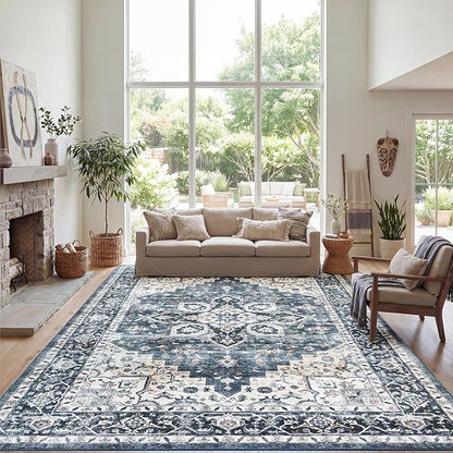 AMADA HOMEFURNISHING 9x12 Washable Area Rug, Low-Profile Large Area Rug with Non-Slip Backing & Durable Edge Binding, Vintage Large Rugs for Living Room, Bedroom & Dinning Room