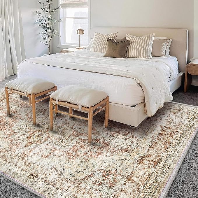 CHAMPLANT Area Rug 6'x9' Washable Vintage Traditional Floor Cover Thin Retro Kitchen Indoor Distressed Non Slip Carpet for Living Room Bedroom Dining Room