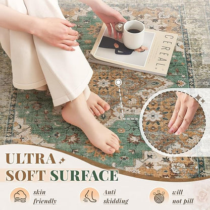Area Rug 5x7 Vintage Rug: Washable Indoor Medallion Rugs Low Pile Distressed Floor Carpet Retro Accent Rug for Living Room Bedroom Kitchen Dining Table Home Office(Brown Green, 5'x7')