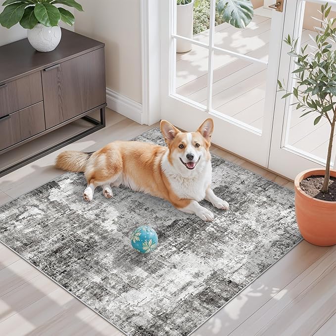 3x3 Square Entryway Rug Washable – Non-Slip Small Area Rug for Kitchen or Bathroom, Soft Low-Pile Indoor Mat, Modern Abstract Thin Door Carpet (Grey)