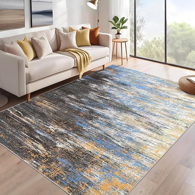 ROYHOME Washable Rug 5x7 Abstract Area Rug for Living Room, Non Slip Foldable Soft Rugs for Bedroom, Stain Resistant Rugs Modern Fuzzy Rug, Indoor Floor Carpet for Entryway Home, Blue/Brown