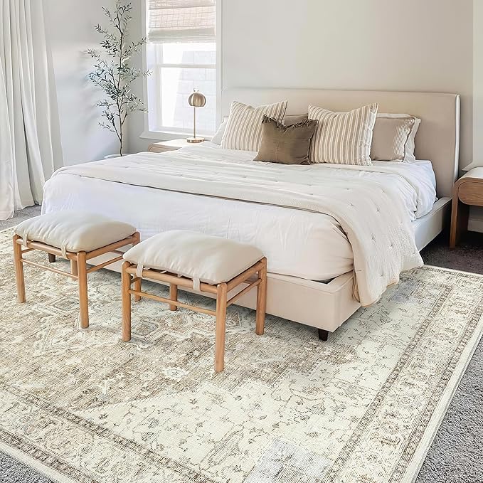 BILEEHOME 3x5 Area Rug, Washable Non Slip Neutral Farmhouse Persian Front Door Rug for Entry, Tan Beige and Light Brown with Terracotta Pattern