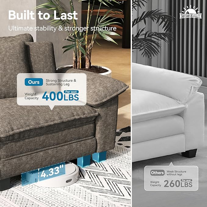 SUNSHINE VALLEY 4 Seat Modular Sofa, 157.5'' Oversized Modern Chenille Sectional Couch with Wider Armrest and Pillow, Upholstered Cloud Deep Seat Sofa for Living Room, Smoky Grey
