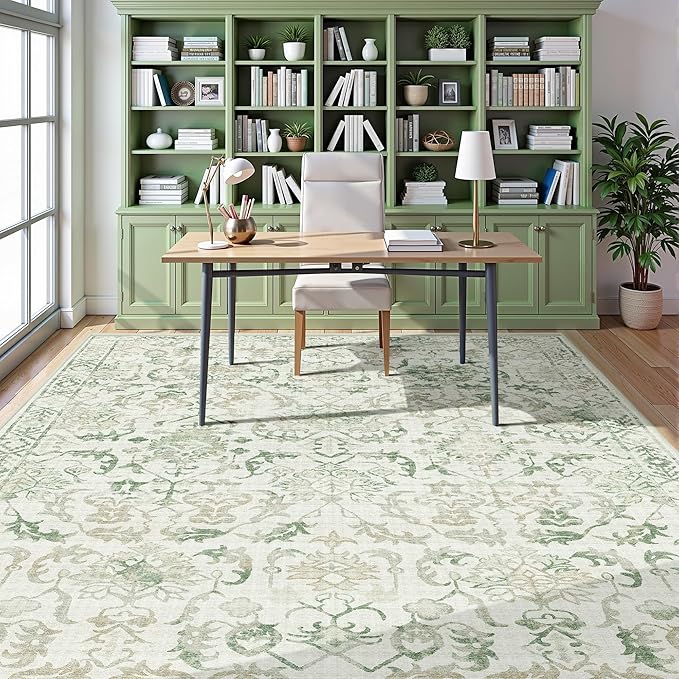 Green Area Rugs 8x10 Rugs for Living Room, Traditional Washable Rugs for Bedroom Distressed Large Area Rug Living Room Rug Non Slip Rug Carpet for Dining Nursery