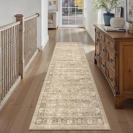 2'6"x8' Beige Runner Rug Hallway Non Slip Washable Area Rugs Kitchen Soft Khaki Vintage Boho Long Rug Distressed Floral Carpet Indoor Low Pile Throw Rug for Bedroom Bathroom Laundry Dining Room Office