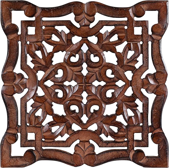 Woodify Hand-Carved Wooden Wall Décor – Set of 4, 12" x 12" Decorative Wood Panels, Floral Design, Natural Burnt Finish, Wall Art for Living Room & Home Décor