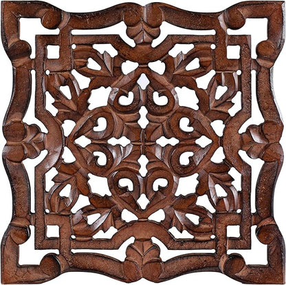 Woodify Hand-Carved Wooden Wall Décor – Set of 4, 12" x 12" Decorative Wood Panels, Floral Design, Natural Burnt Finish, Wall Art for Living Room & Home Décor