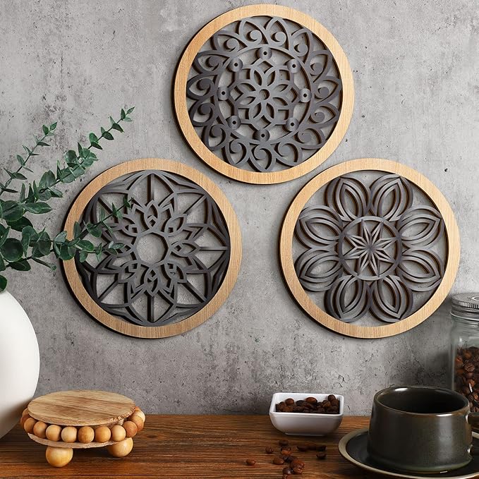 Ferraycle 6 Pieces Thicken Rustic Wall Decor Farmhouse Wall Art Wooden Round Art Hanging Decoration Hollow Carved for Living Room Bedroom Kitchen Office Apartment Hallway(Wood Color)
