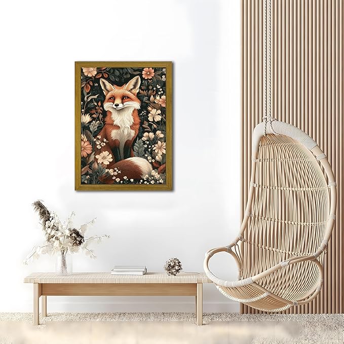 Framed 3D Textured Vintage Wall Art, Hand Drawn Sandstone Fox Wall Decor Paintings, Whimsical Forest Animal Floral Botanical Aesthetic Picture, Cottage Core Home Nursery Decor 16X24 inch