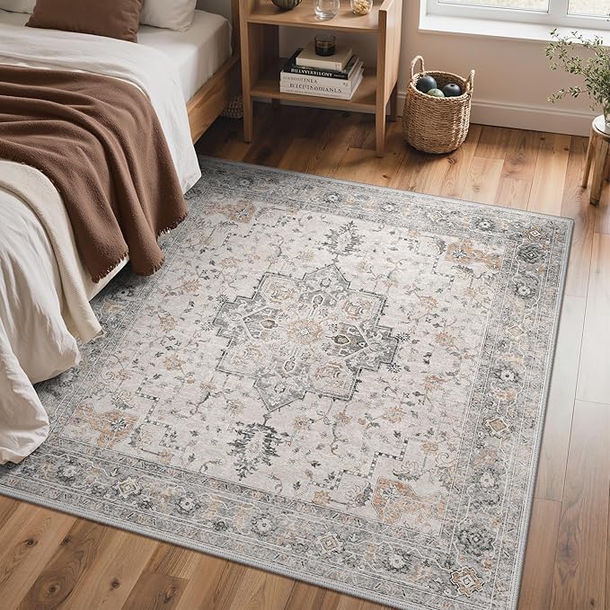 GENIMO 8x8 Area Rugs for Living Room, Machine Washable Rug, Non Slip Indoor Vintage Rug, Low Pile Lightweight Chenille Print Carpet for Bedroom Dining Room Home Office, Light Taupe Brown