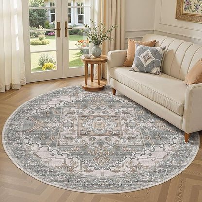 6ft Round Rug for Living Room: 6x6 Washable Vintage Gray Brown Area Rug, Large Non Slip Soft Stain Resistant Indoor Floor Carpet for Bedroom Dining Decor Home Office Kid & Pet Friendly