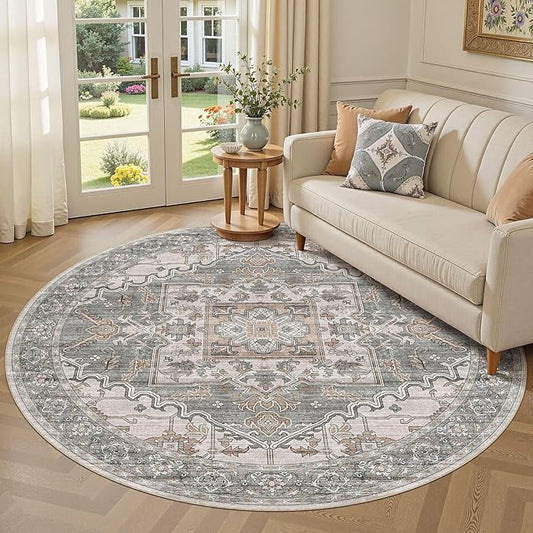 6ft Round Rug for Living Room: 6x6 Washable Vintage Gray Brown Area Rug, Large Non Slip Soft Stain Resistant Indoor Floor Carpet for Bedroom Dining Decor Home Office Kid & Pet Friendly