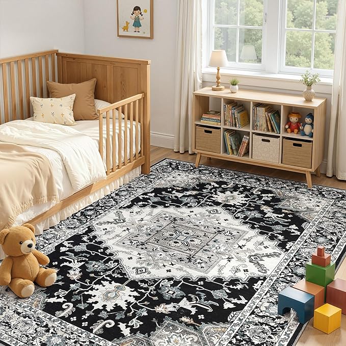 6x9 Washable Area Rugs for Living Room: Non Slip Vintage Black Rug, Large Soft Stain Resistant Indoor Floor Carpets for Bedroom Dining Room Nursery Home Office Kid & Pet Friendly
