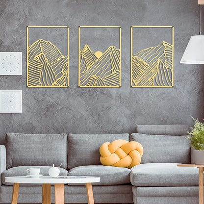 Peryiter 3 Pcs Metal Wall Art Decor Landscape Mountain Wall Hanging Decor for Living Room Abstract Minimalist Modern Mountain Line Pictures Bathroom Office Home Gifts Indoor(Gold)