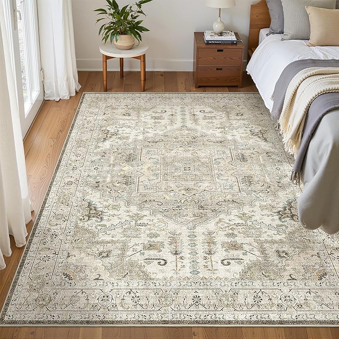 3x5 Rug,Ultra-Thin Washable Rugs for Living Room, Stain Resistant Entryway Rug,Non-Slip Area Rugs, Vintage Small Rugs (Brown/Ivory,3'x5')