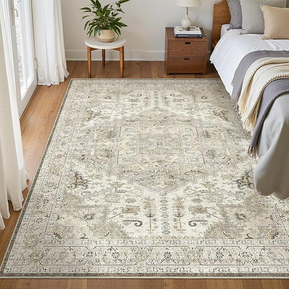 3x5 Rug,Ultra-Thin Washable Rugs for Living Room, Stain Resistant Entryway Rug,Non-Slip Area Rugs, Vintage Small Rugs (Brown/Ivory,3'x5')