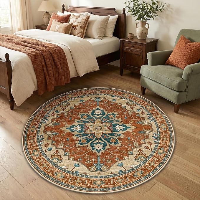 RELEANY Area Rugs Round 4ft Washable Non-Slip, Floral Vintage Distress Print Pattern Medallion Carpet for Living Room Bedroom Dining Room, Red Orange Blue Brown