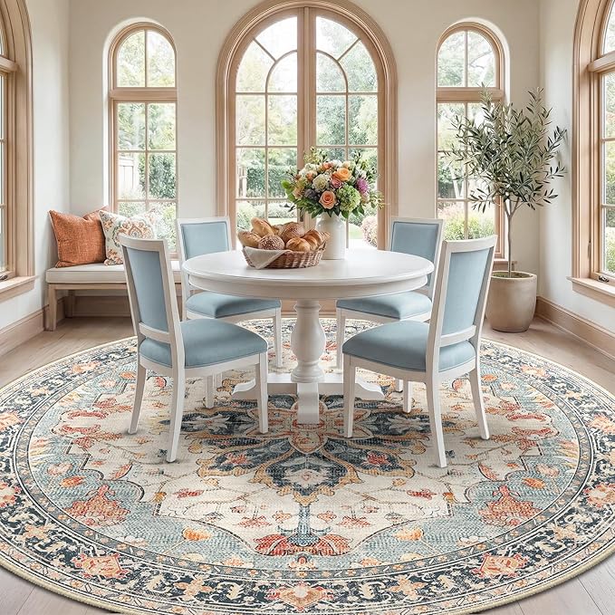 RELEANY Area Rugs Round 10ft Washable Non-Slip, Floral Vintage Distress Print Pattern Medallion Carpet for Living Room Bedroom Dining Room, Beige Navy Blue Orange Colorful